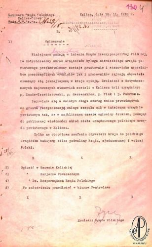 Ogłoszenie Komisarza Rządu Polskiego na powiat kalisko-turecki